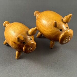 Vintage Wooden Pig Salt Pepper Shakers Set Cute Farmhouse Kitchen Decor